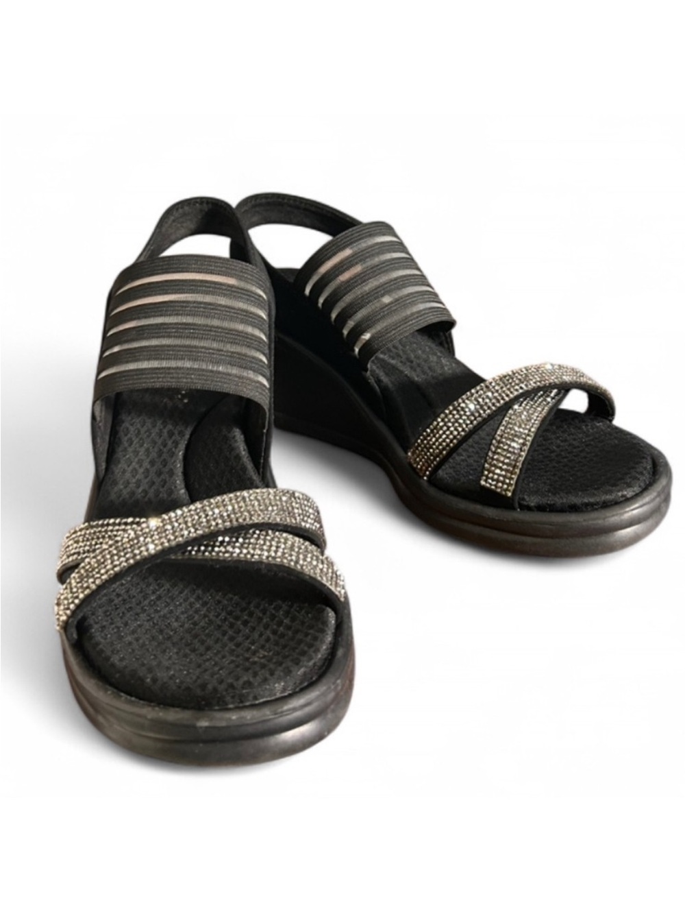 Skechers Women's Black Slip-On Wedge Sandals with Rhinestone Straps - Picture 2 of 5